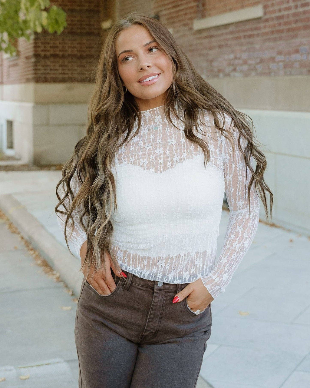 Claire Floral Lace Long Sleeve Slim Fit Top - White