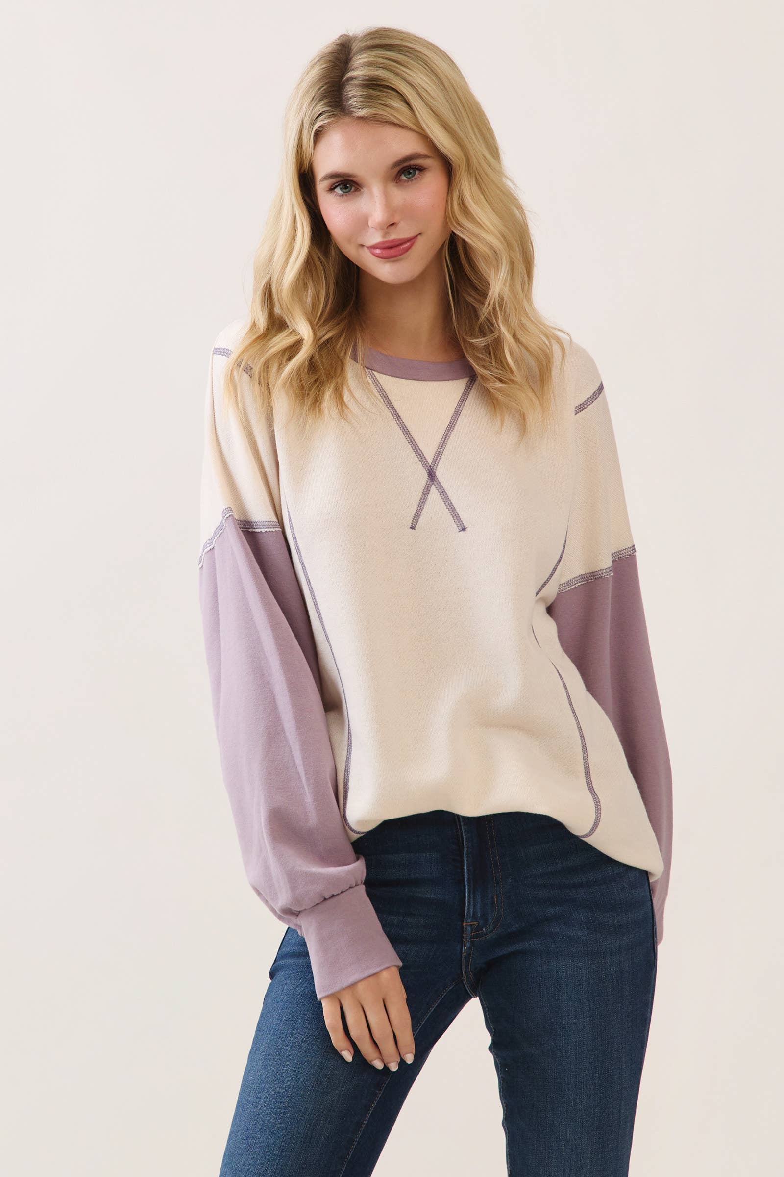 Color Block Contrast stitch pullover top T6161