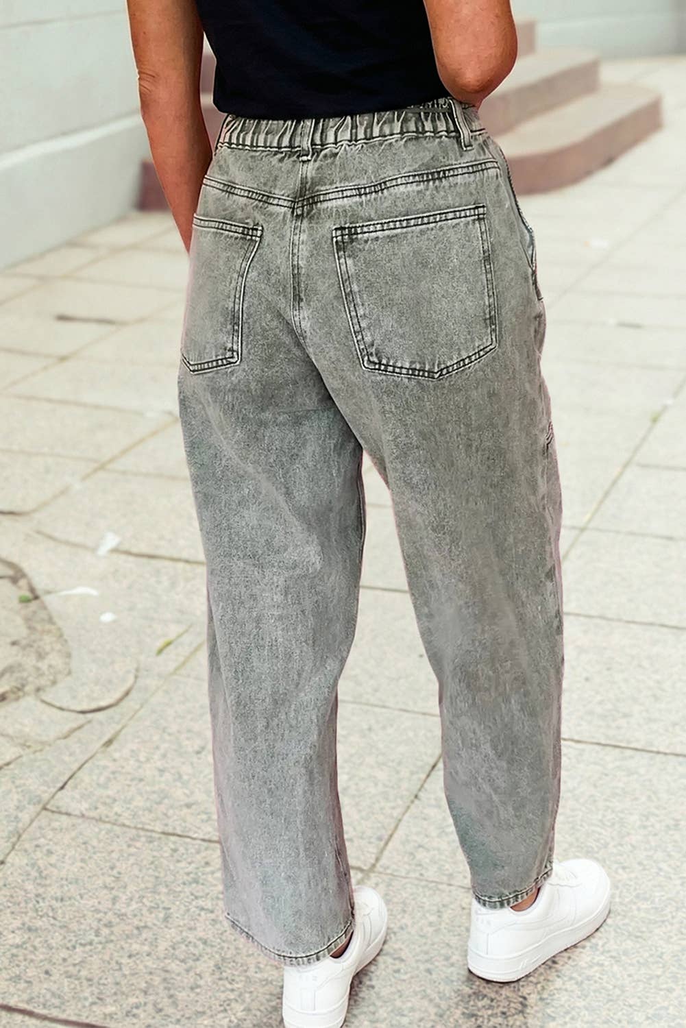 Acid Wash Barrel Fit Denim Pants with Waist String